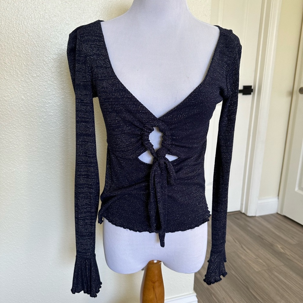 Free People Intimately Keyhole Sparkly Dark Blue Long Sleeve Top